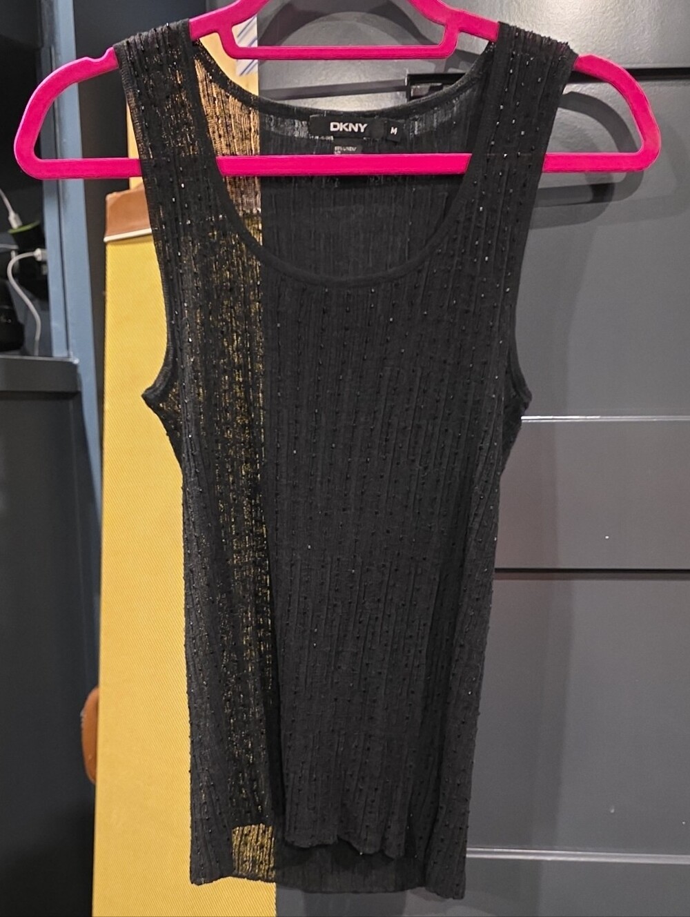 DKNY Black Ribbed Tank with Metallic Accent